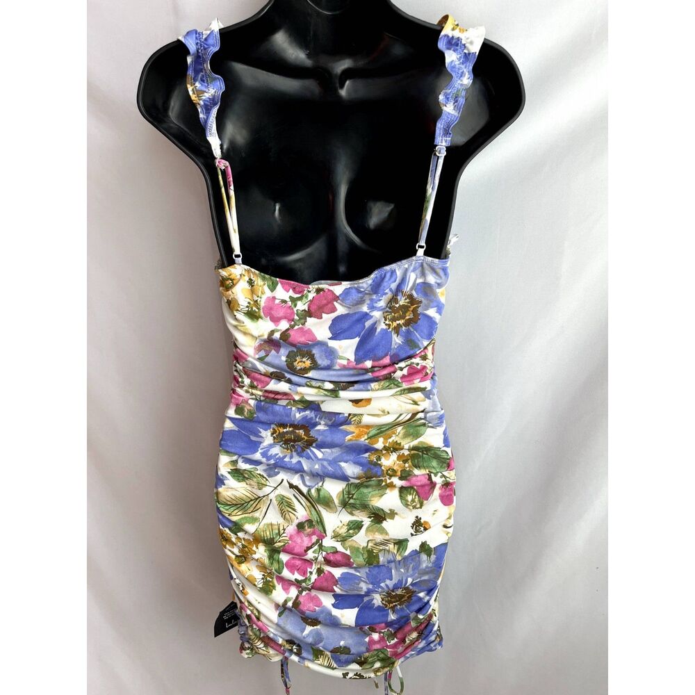 Lulu's Floral Ruched Mini Dress — Blue, Pink & Gold - Picture 6 of 11